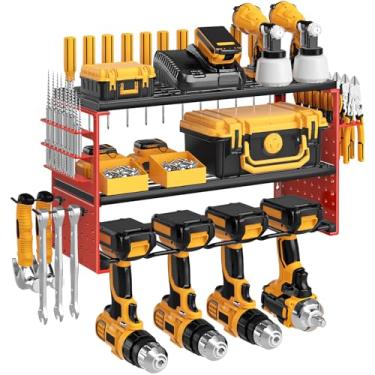 Imagem de Ouinis Suporte de parede organizador de ferramentas elétricas, capacidade de carga de 68 kg com 4 suportes de broca, prateleira utilitária de 3 camadas para armazenamento de garagem e organização de