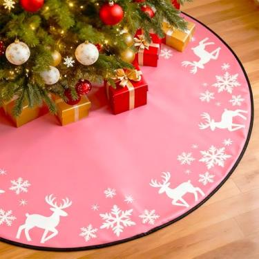 Imagem de Saia de árvore de Natal rosa 121 cm para decoração de Natal interna e externa, tapete de saias de alce branco com design de floco de neve, saias de árvore de Natal, decorações de Natal, decoração de