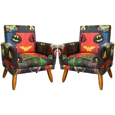 Imagem de Kit 2 Poltronas Decorativa Infantil Confortável Para Quarto Suede Com Estampa Pés Castanhos