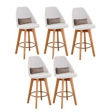 Imagem de Kit 05 Banquetas Alta Maya Giratória Com Encosto Gourmet Linho Bege e Almofada Suede Bege - Aurora Line