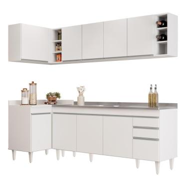 Imagem de Armário De Cozinha Modulado De Canto Direito 5 Peças Cp45 Com Pia Inox Branco - Lumil