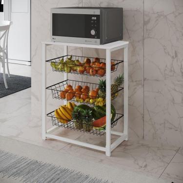 Imagem de Fruteira Com Suporte Para Micro-Ondas Barcelona Aço Branco Cesto Preto Tampo Branco - Cor: Marrom