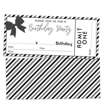 Imagem de ZARYFANCHY Convites de festa de aniversário Black Bow, convites de aniversário de bilhete VIP listras, 20 cartões de convite de preenchimento com envelopes, decorações de festa e suprimentos para