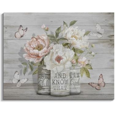 Imagem de Arte de parede de flores de fazenda rústica, peônia rosa e branca com borboleta, citações inspiradoras, decoração de parede, imagem de natureza morta, emoldurada, para quarto, banheiro, casa