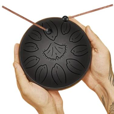 Imagem de Tambor de lingueta de 15 cm, 11 tons, tambor de língua de aço, folhas de ginkgo, instrumento de percussão de panela de aço para iniciantes, tambor de mão para meditação de cura sonora e ioga (preto)