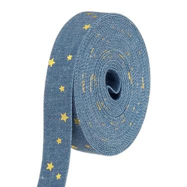 Imagem de PATIKIL Fita jeans de 1,5 cm x 5,5 m, fita fina de jeans, tecido de veludo, franjas, rolo para artesanato, embrulho de laço, presente de Natal, decoração de festa, estrela dourada, azul claro