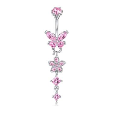 Imagem de Longita Anel de umbigo prateado dourado com pingente de umbigo clicker pendurado pendurado piercing de barriga aço cirúrgico hipoalergênico pérola rosa laço borboleta flor umbigo anéis para mulheres