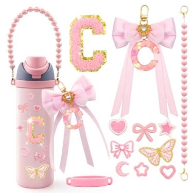 Imagem de LBU 12 peças de acessórios de letras para garrafa de água Owala 24/32/1,134 g com adesivo inicial fofo, chaveiro de letra do alfabeto de laço, alça de alça peral, decorações para copo Owala Freesip