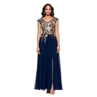 Imagem de Betsy & Adam Vestido feminino de chiffon com gola V, bordado, manga cavada, comprimento até o chão, Azul-marinho/dourado, 48