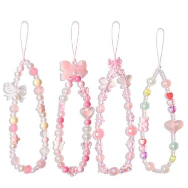 Imagem de Galaton Conjunto de 4 peças de cordão de telefone com contas de laço rosa, adorável borboleta com laço de urso e pulseiras antifurto, acessórios versáteis para bolsas, chaveiros e decoração de AirPods