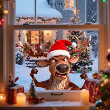 Imagem de Adesivos de janela de Natal para vidro, 1 peça de desenho animado de gado com design de chapéu de Natal, decalque de janela bonito extra grande para porta de casa, parede, sala de férias, artigos de