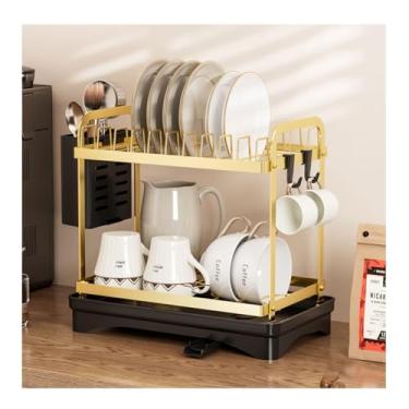 Imagem de HGTRH Escorredor de louça de 2 camadas, escorredores de pratos compactos com suporte de talheres bico de drenagem giratório de 360° para balcão de cozinha, ferro dourado
