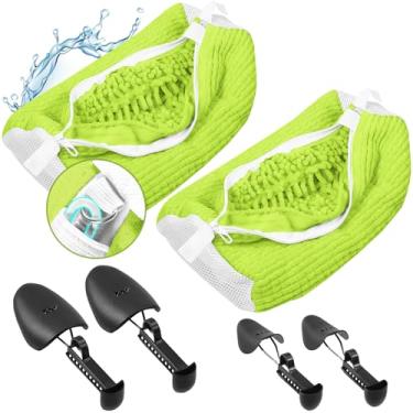 Imagem de 2 sacos para máquina de lavar sapatos com 4 árvores ajustáveis para sapatos, sacos de roupa XXL para lavadora e secadora, zíper resistente com design de gancho, bolsa de limpeza reutilizável para