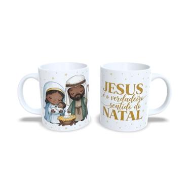 Imagem de Caneca de Cerâmica Branca com Tema Natalino, Design de Presépio, Jesus O Verdadeiro Sentido do Natal, Decoração de Natal com Estrelas Douradas (23171)