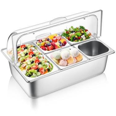 Imagem de Ziliny Recipiente de exibição de comida de bancada e tampa superior transparente de aço inoxidável, bandeja de servir comida buffet, dispensador de condimentos, suporte de exibição para restaurante