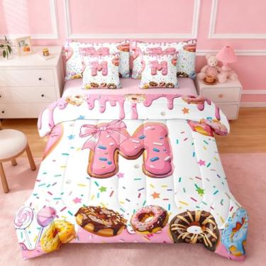 Imagem de Jogo de cama infantil com laço kawaii, tamanho solteiro, coquete, donut, feminino, conjunto de cama ultramacio, letra M, 7 peças, edredom princesa com laço rosa, letra M, monograma, decoração de