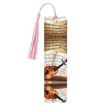 Imagem de Borboleta e violoncelo – Conjunto de 5 peças de madeira com borlas, madeira natural para livros e diários, presente para amantes de livros.