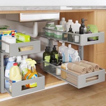 Imagem de 2 pacotes de organizadores embaixo da pia de 48 cm de profundidade, organizador de armário de 2 camadas com trilho circular liso, gavetas deslizantes de malha metálica de grande capacidade para