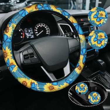 Imagem de Capa de roda de girassol de borboleta azul para mulheres e homens, antiderrapante de alta elasticidade, acessórios de carro, capas de volante, universal de 38 cm para carros, SUVS, inclui 2