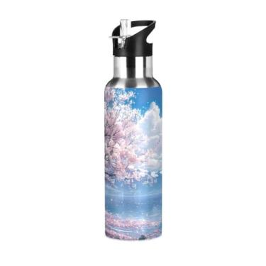 Imagem de Qilmy Copo de isolamento portátil à vácuo de árvore de cerejeira de aço inoxidável 623 g, garrafa de esportes ao ar livre à prova de vazamento, caneca de café de viagem com canudo, escritório, escola