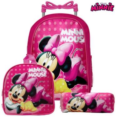 Imagem de Kit Mochila Escolar Feminina Juvenil Rodinhas Minnie Rosa - TOYS 2U