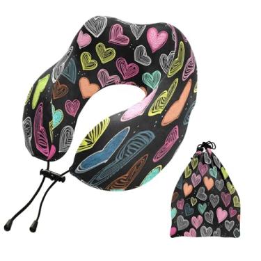 Imagem de CEBUGI Travesseiros de viagem portáteis em forma de U, travesseiro de pescoço de espuma viscoelástica com trava de corda ajustável para avião, viagem, trem, negócios, escritório, cochilo (corações de