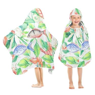 Imagem de Burbuja Toalha de banho com capuz de plantas de peixe para crianças, toalha de praia de pelúcia macia absorvente para chá de meninas e meninos 3-10 anos, 61 x 127 cm