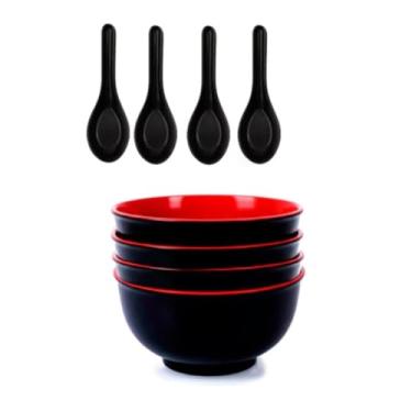 Imagem de Kit 12 Tigelas de Melamina com Colher - Bowl Oriental 1L para Restaurante Japonês (Não Inclui Organizador de Talheres)(4 Tigelas + 4 Colher)