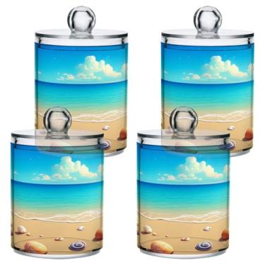 Imagem de STAYTOP 2 frascos de boticário Qtip para banheiro com etiquetas – Recipiente de armazenamento Qtip de plástico transparente para bola de algodão, cotonete, grão de café, estrela do mar e conchas