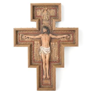 Imagem de Cruz de parede com crucifixo católico de San Damiano, decoração de casa de Jesus Cristo, presente religioso, aparência de entalhe em madeira, escultura renascentista artesanal de 30,5 cm A por