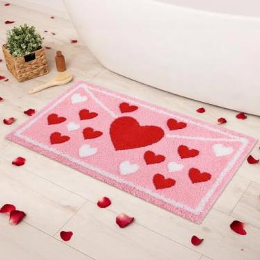 Imagem de Lyrow Tapete de banho de coração adornado com envelope de dia dos namorados, tapete de coração absorvente, vermelho, rosa, branco, antiderrapante, lavável, tapete de porta da frente para decoração de
