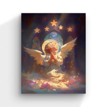 Imagem de quadro anjo celestial, Anjo com Asas Brancas sob Estrelas Douradas, Arte Fantasia Noturna, Decoração Mística 50x40