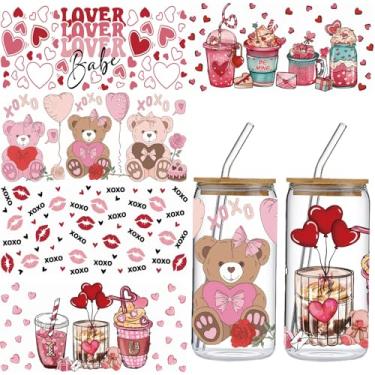 Imagem de Envelopes de copo UV DTF para Dia dos Namorados - 5 folhas à prova d'água adesivos para copos de vidro, balões de lábios de urso de coração vermelho rosa desenhos românticos Uvdtf esfregar em