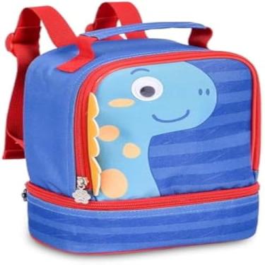 Imagem de Lancheira infantil, isolada, design de dinossauro, material resistente, pratica, facil limpeza, ideal, azul escuro.