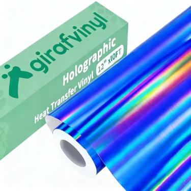 Imagem de GIRAFVINYL Vinil holográfico de transferência de calor 30,5 cm x 3,5 m azul real HTV ferro em vinil para roupas e tecido, vinil HTV fácil de remover ervas daninhas compatível com Silhouette Camafeu (azul real holográfico)