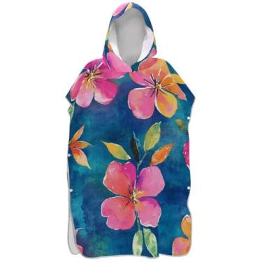 Imagem de Joisal Roupão de secagem rápida para adultos, poncho de surfe, toalha de banho com capuz, flores vintage, azul, poncho masculino com capuz