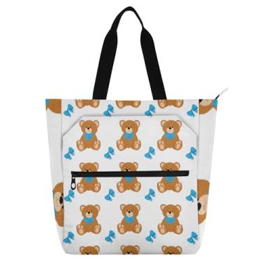 Imagem de Urso de pelúcia marrom gravata borboleta branca bolsa de trabalho para mulheres bolsas de tecido de lona faculdade escola crianças bolsas fofas amantes de livros presentes