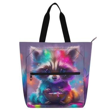 Imagem de GAIGEO Sacolas de trabalho coloridas com desenho de guaxinim para mulheres, bolsa de lona para livros de praia com zíper, mensageiro, presente para amantes de livros