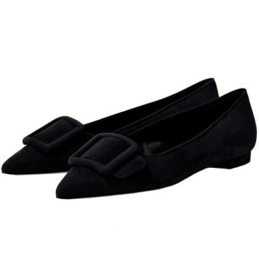 Imagem de Divanne Sapatilhas para mulheres, bico fino, fivela, sapatilhas, sapatilhas, sem cadarço, confortáveis, para trabalho, escritório, negócios, Preto, 38 BR