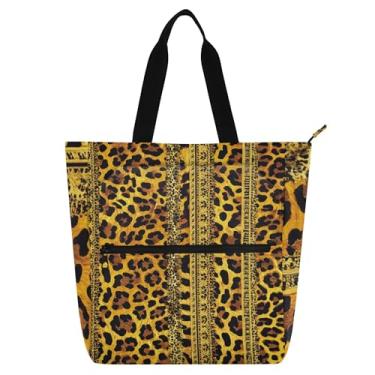 Imagem de GAIGEO Bolsa feminina com estampa de leopardo e borda dourada com zíper, trabalho, escola, livro, viagem, bolsa reutilizável