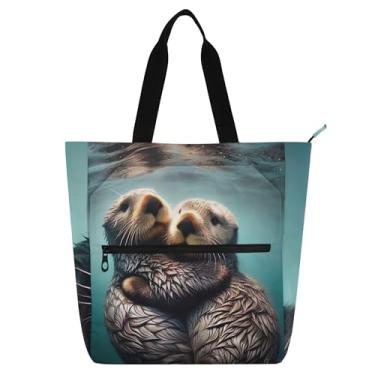 Imagem de GAIGEO Linda bolsa de trabalho lontras para mulheres, bolsa de lona para livros de praia, com zíper, reutilizável, presente para amantes de livros