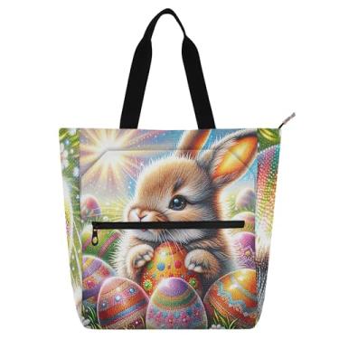 Imagem de GAIGEO Bolsa feminina de trabalho com pintura de diamante de coelhinho da Páscoa, bolsa de lona para livro de praia com zíper, bolsas reutilizáveis com compartimentos