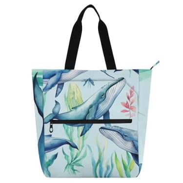 Imagem de GAIGEO Baleias azuis bolsa de trabalho feminina bolsa escolar de lona com zíper bolsa infantil fofa com compartimentos