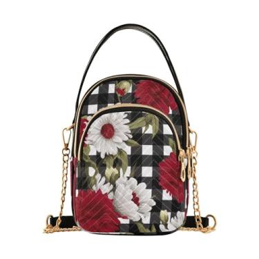 Imagem de Flores azuis e folhas verdes em crossbody feminino xadrez azul, bolsa de ombro transversal, bolsas de ombro para mulheres modernas, Flores vermelhas florais em preto e branco guingão-4, One Size