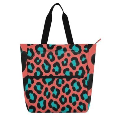 Imagem de Sacola feminina com estampa de leopardo turquesa preta para trabalho e praia, bolsa para livros, zíper, carteiro, presente para amantes de livros