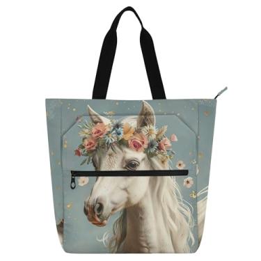 Imagem de Bolsa de trabalho floral de cavalo branco para mulheres, bolsa de lona, bolsa escolar universitária, bolsas de escritório, presente para amantes de livros