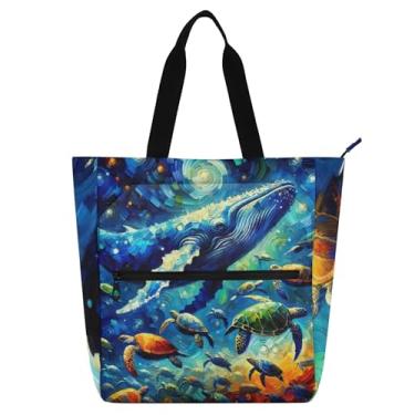 Imagem de Baleia azul colorida tartarugas marinhas sacola para mulheres trabalho lona zíper bolsa de praia reutilizável amantes de livros presentes