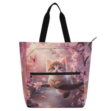 Imagem de Sacola feminina rosa flor de cerejeira fofa para trabalho em lona escolar bolsa para livros fofas bolsas infantis presente para amantes de livros