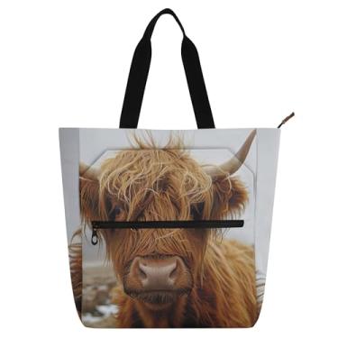 Imagem de GAIGEO Linda bolsa de trabalho de vaca Highland Highland para mulheres, bolsa de lona para livros de praia, bolsa de viagem com zíper e compartimentos