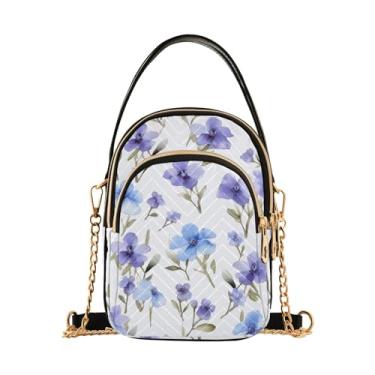 Imagem de Margaridas em bolsa tiracolo com alça removível xadrez azul e branco, bolsas transversais de viagem para mulheres, Flores azuis em aquarela em branco-1, One Size